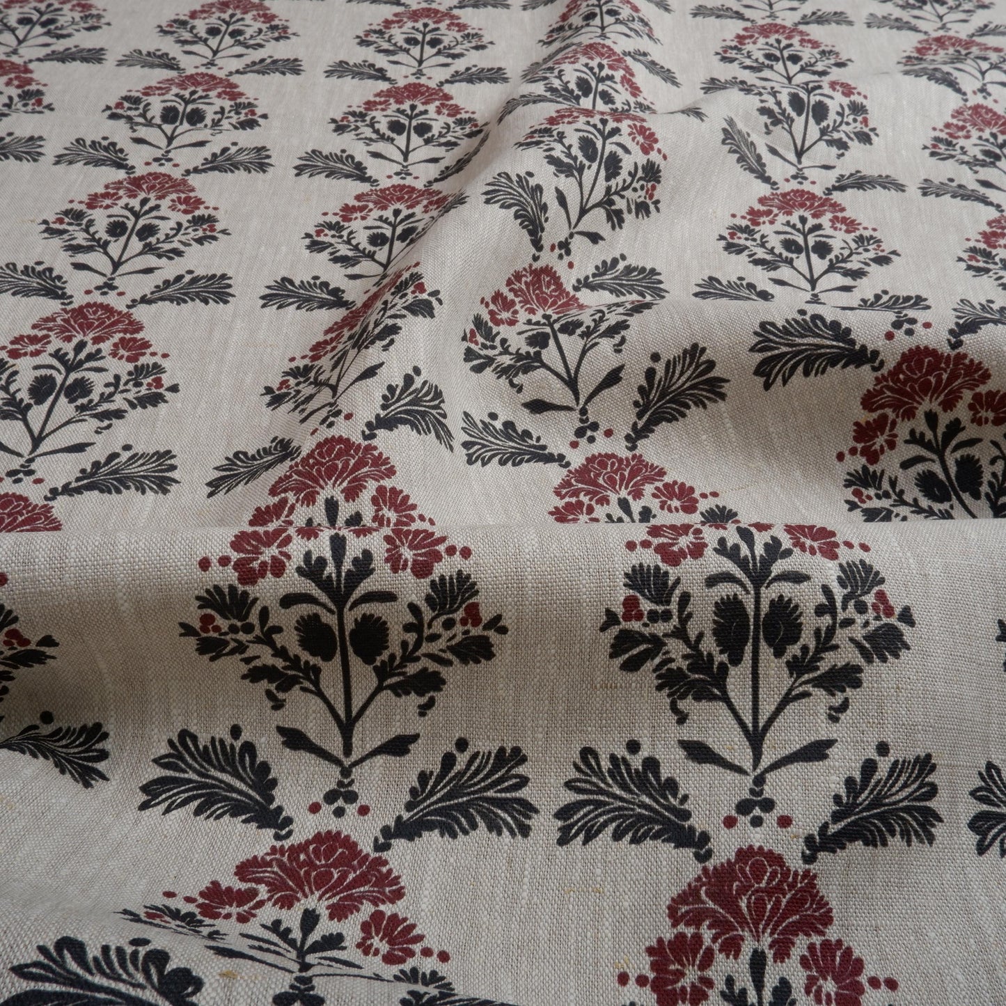 100% LINEN Fabric block print black red on grey | oatmeal linen fabric with floral print | linen fabric for upholstery home decor botanical