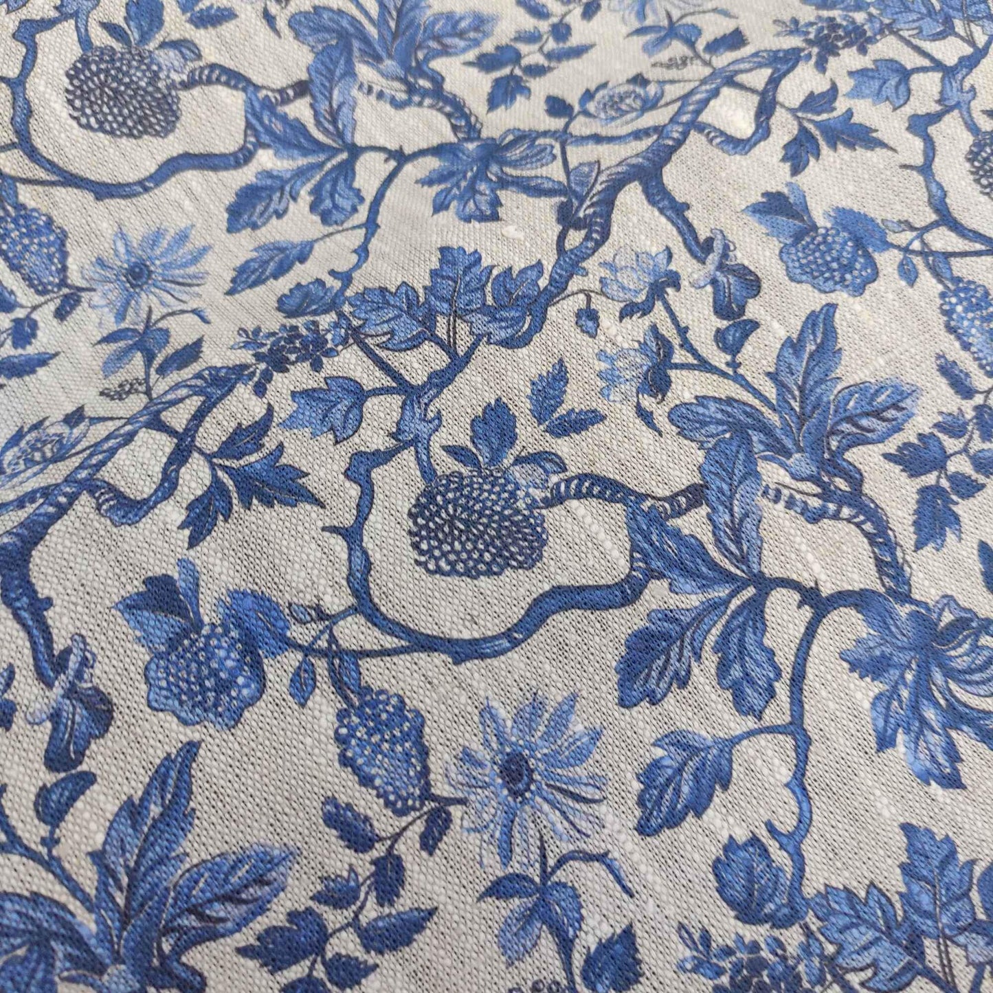 100% LINEN Fabric french blue block print on oatmeal natur linen, floral toile de jouy fabric, French linen floral upholstery 337