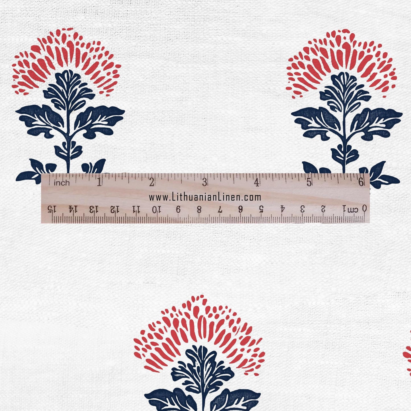 100% LINEN Fabric block print indigo blue red on white - linen fabric with floral print -heavy linen fabric for upholstery home decor