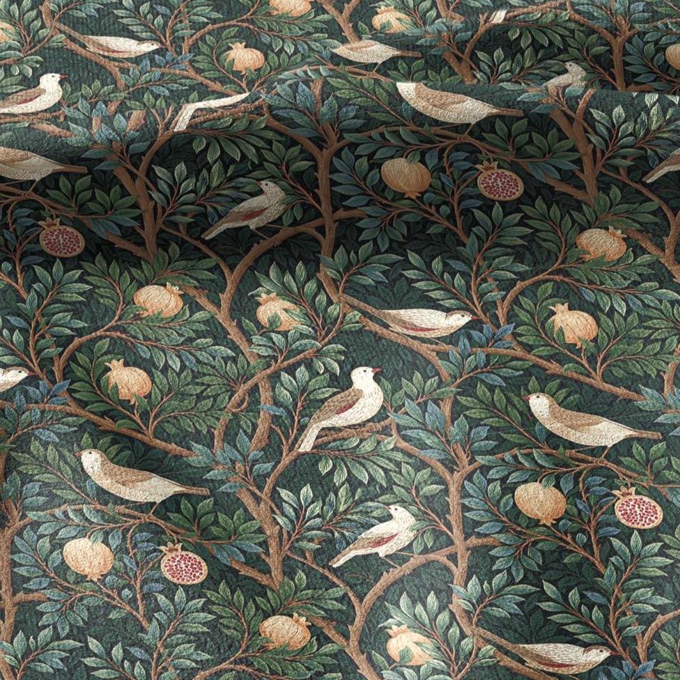 100% linen fabric green pomegranate tree with birds print - Vintage toile de jouy botanical - modern vintage 3388
