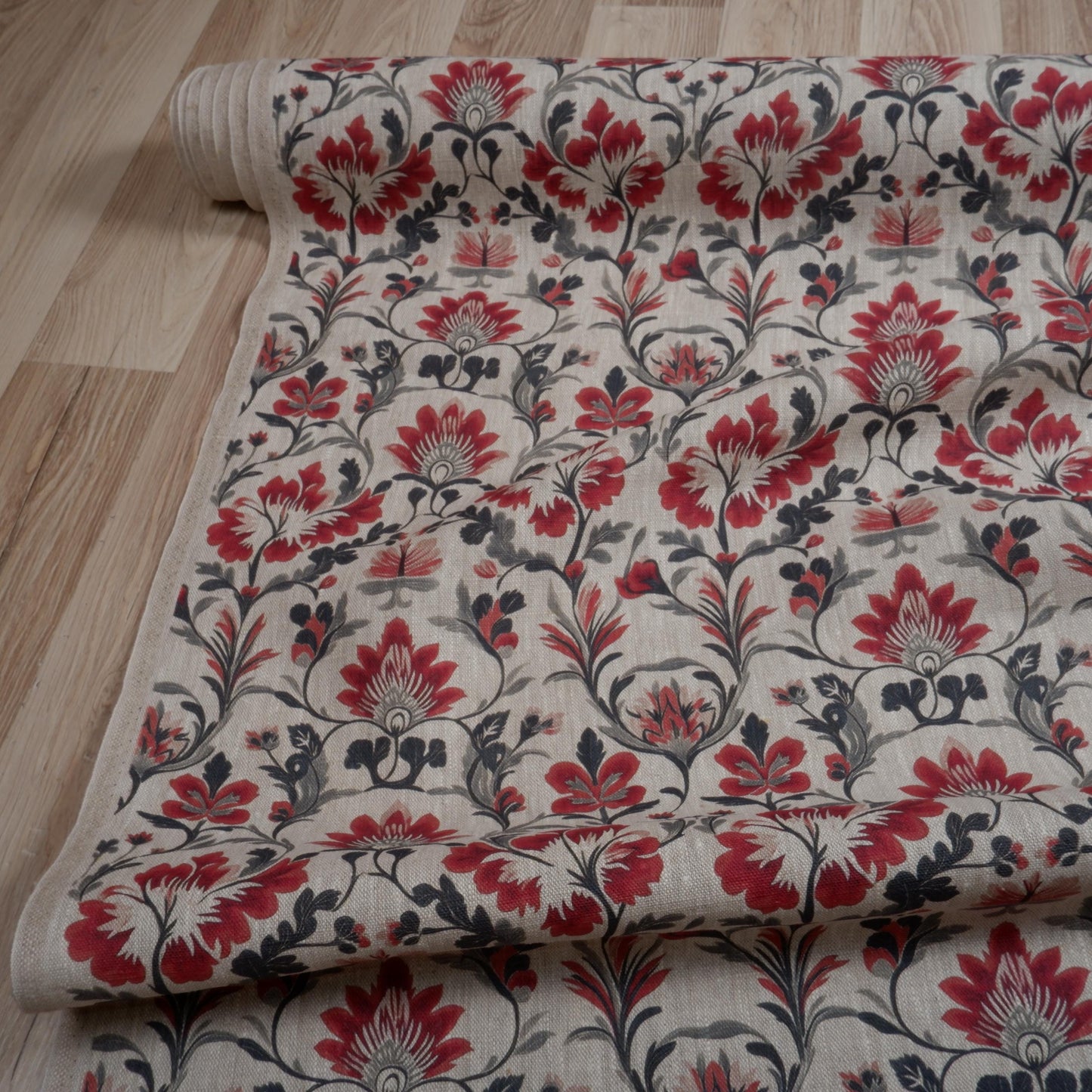 100% LINEN Fabric block print floral red black on grey, oatmeal natur linen fabric with botanical print for upholstery home decor