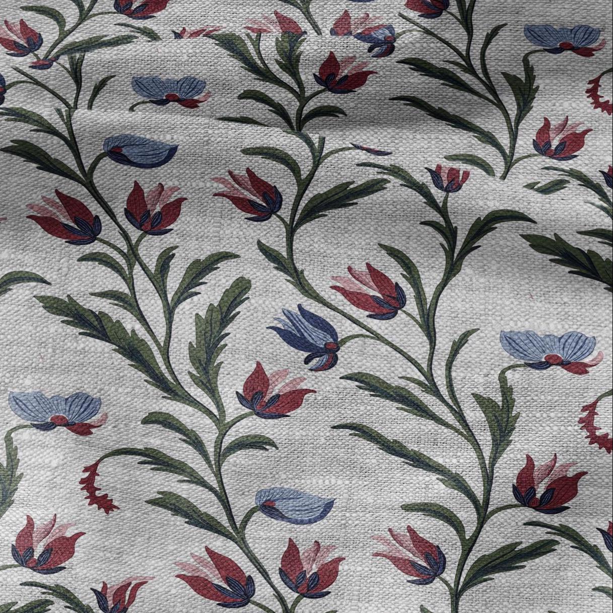 100% LINEN Fabric tulips blossom print on oatmeal linen - blue gray heavy fabric for upholstery - medium weight linen dress making