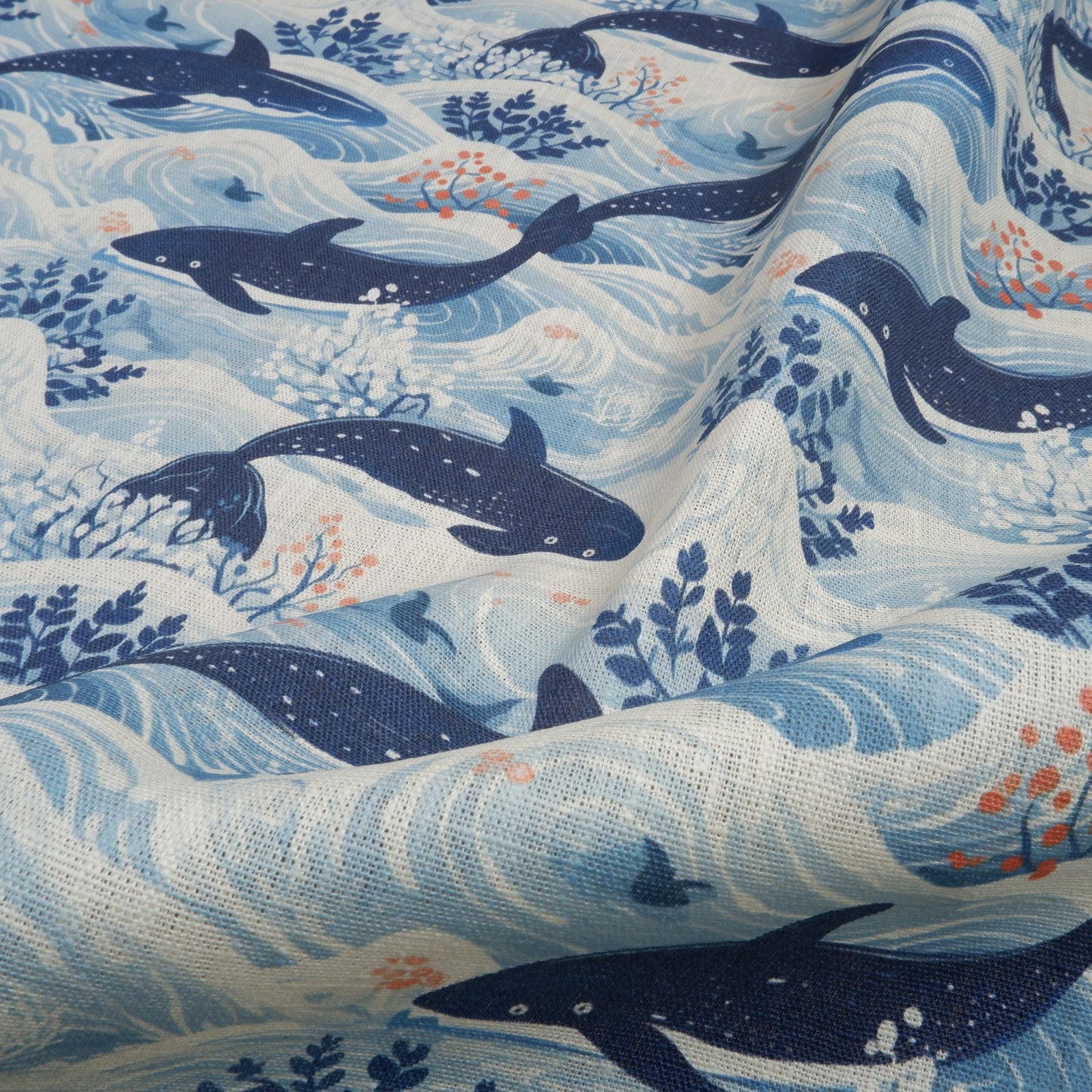 100% LINEN Nautical print WHALE ,white linen fabric with blue coastal print for upholstery home decor