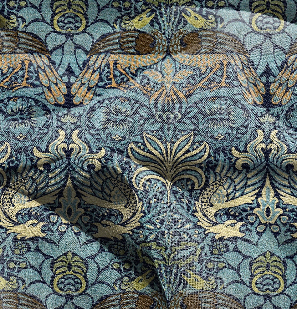 William Morris Dragon and peacock print on 100% LINEN, Victorian Art and crafts linen Fabric, Linen fabric botanical Historical pattern