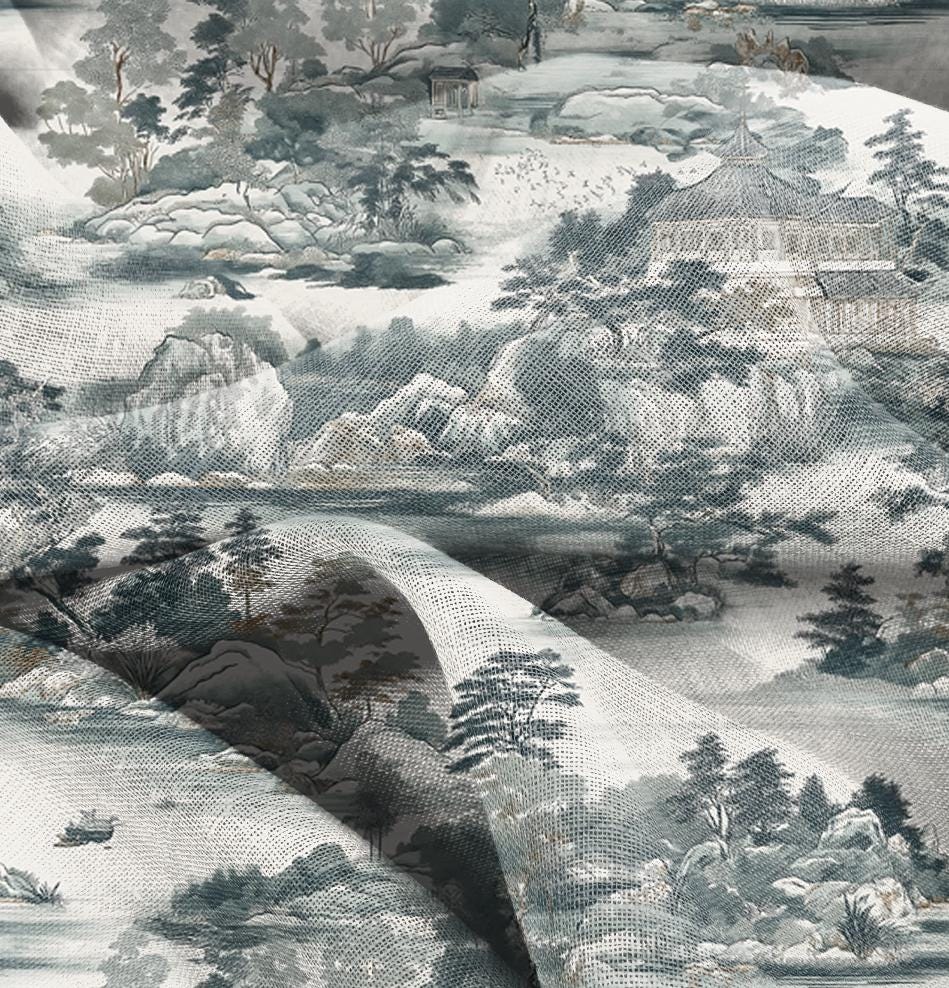 100% LINEN Fabric block print oriental scenery, linen fabric with stony island print, heavy linen fabric for upholstery home decor