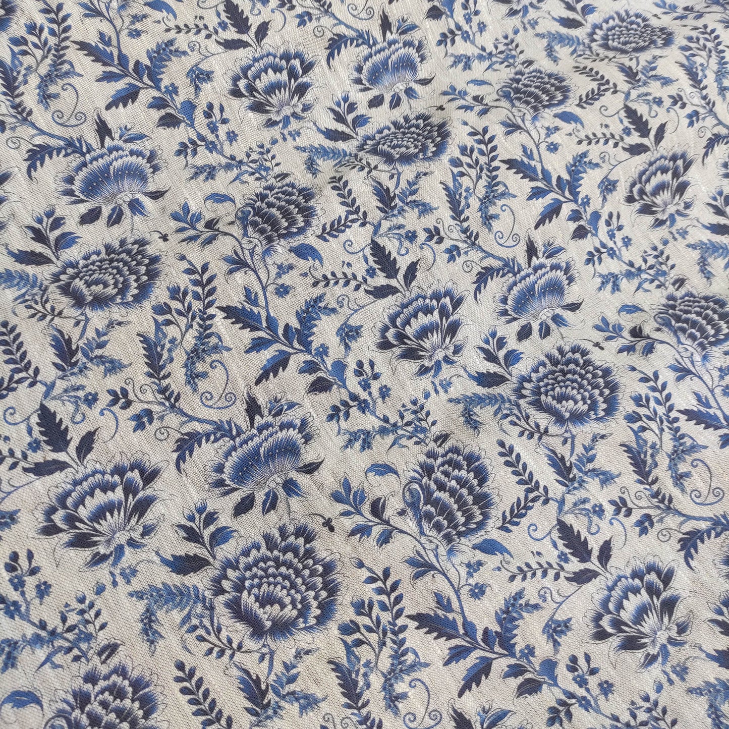 100% LINEN Fabric indigo blue on oatmeal natur linen, white botanical chinoiser fabric, French linen floral