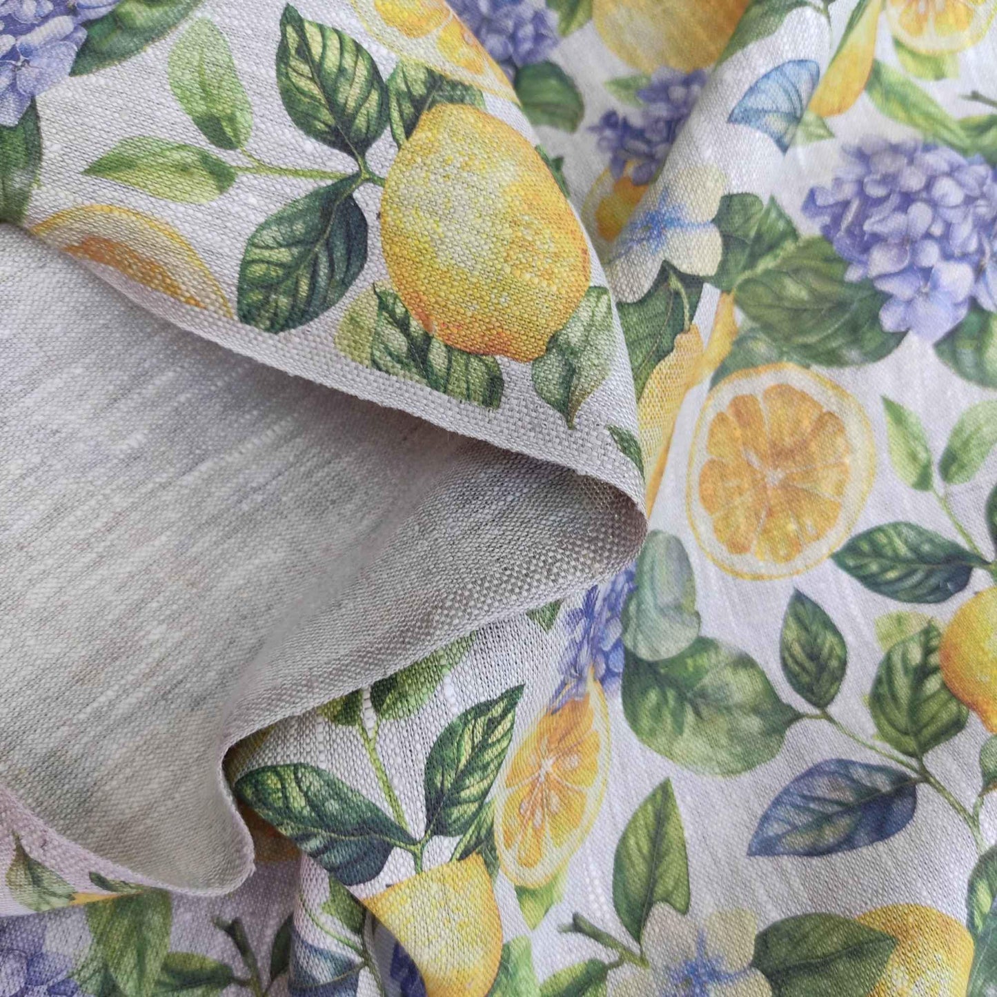 100% LINEN Fabric lemon and hydrangea print - oatmeal natur linen with citrus print - linen fabric home decor upholstery