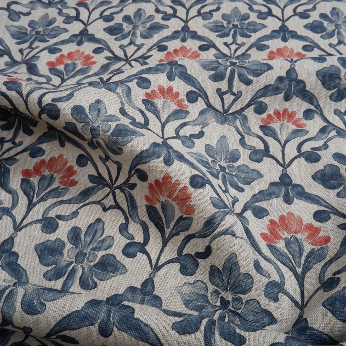 100% LINEN Fabric Portuguese Tile floral pattern on linen - floral botanical linen for upholstery home decor dressmaking clothing 2042