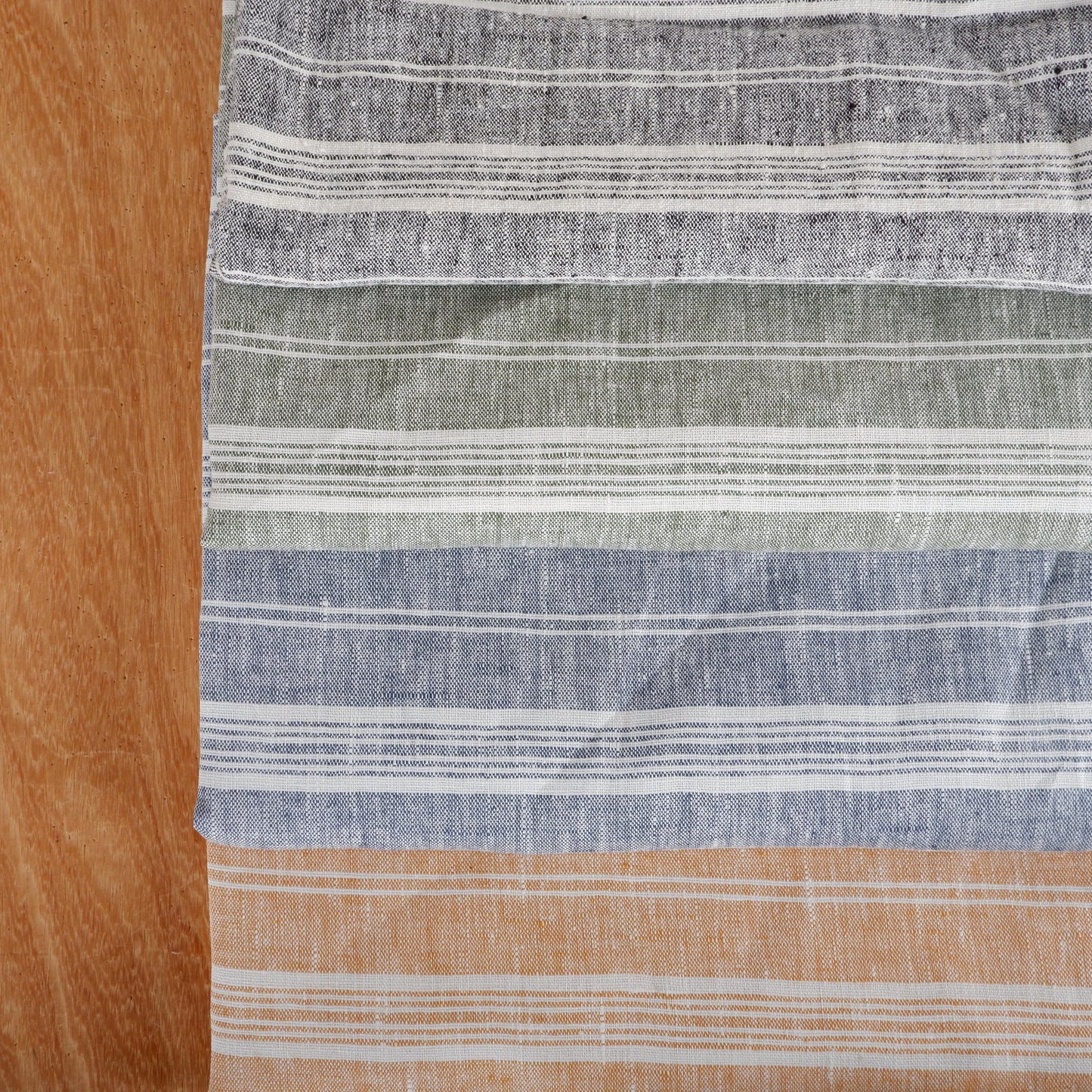 Premium Linen striped Fabric in green white | Heavy weight French country ticking stripes in green black blue yellow white