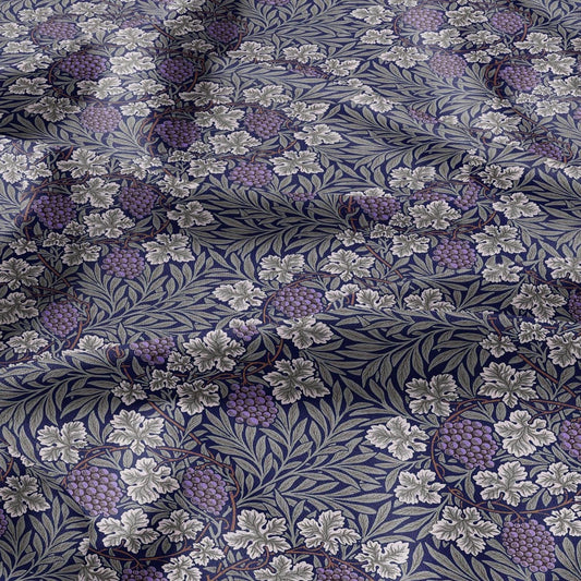 100% LINEN Fabric wine grapes purple from William Morris, Victorian fabric with blue floral print for upholstery home decor in Linen