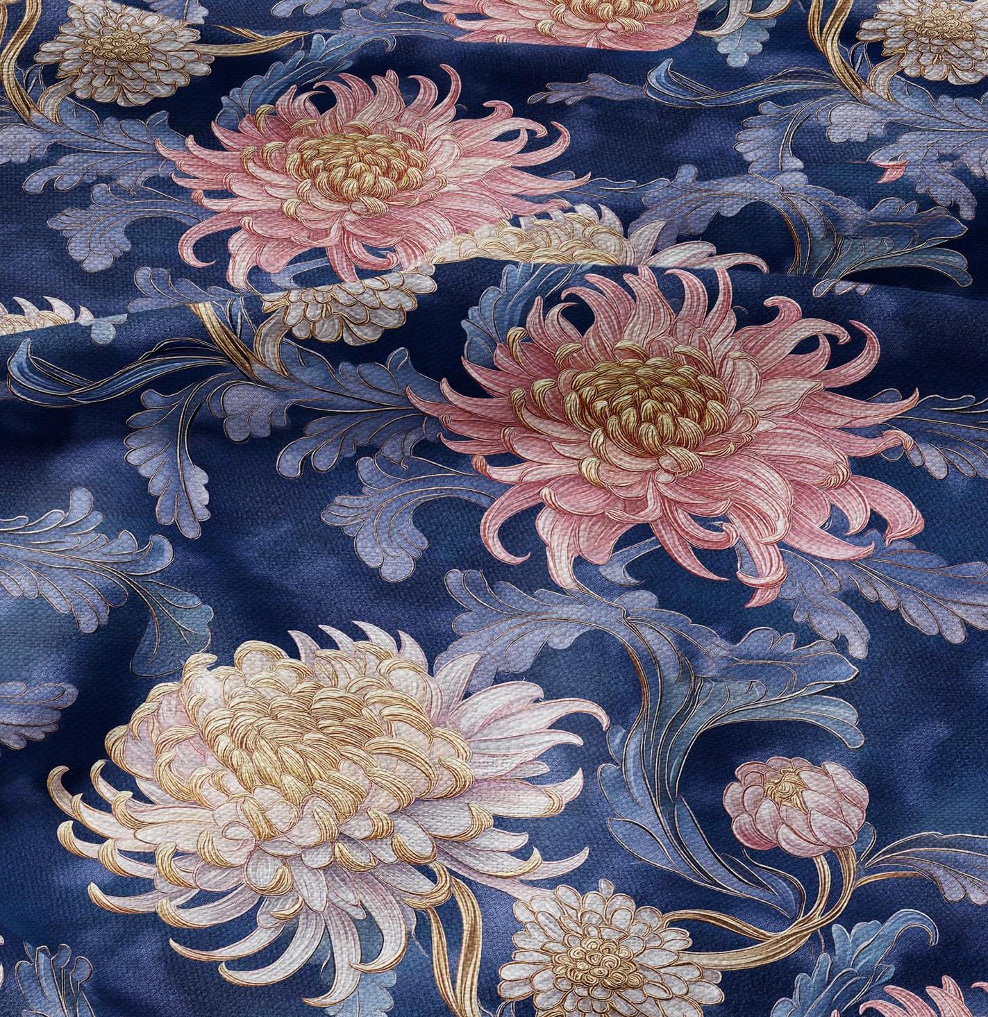 100% LINEN fabric with chrysanthemum print - Victorian Art crafts linen Fabric chinoiserie - Historical upholstery dress making