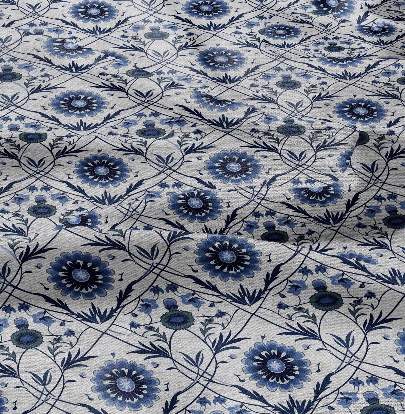 100% LINEN Fabric block print - linen fabric with blue white floral print - heavy linen fabric for upholstery home decor
