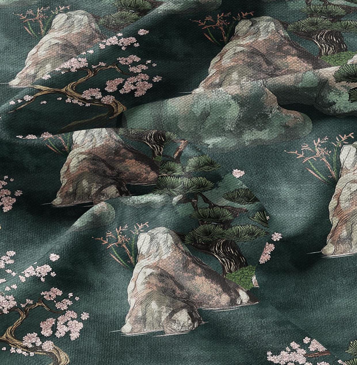 100% LINEN Fabric Zen garden print - linen fabric with oriental landscape for home decor upholster dressmaking - sakura blossom bonsai