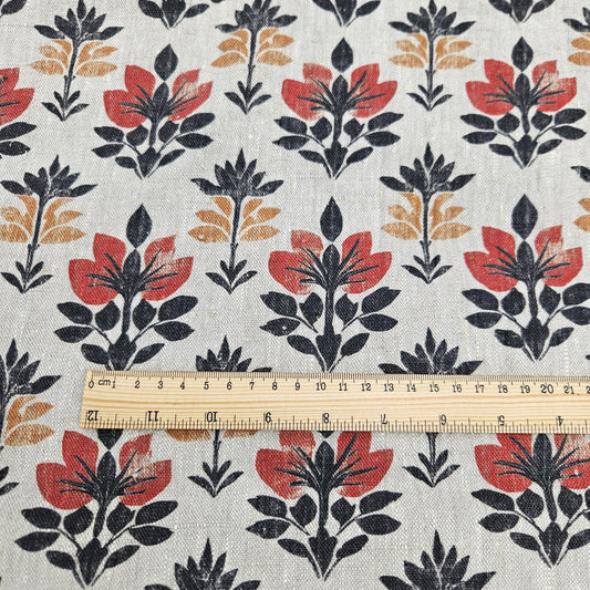 100% LINEN Fabric block print black red on grey | oatmeal linen fabric with floral print | linen fabric for upholstery home decor 2002