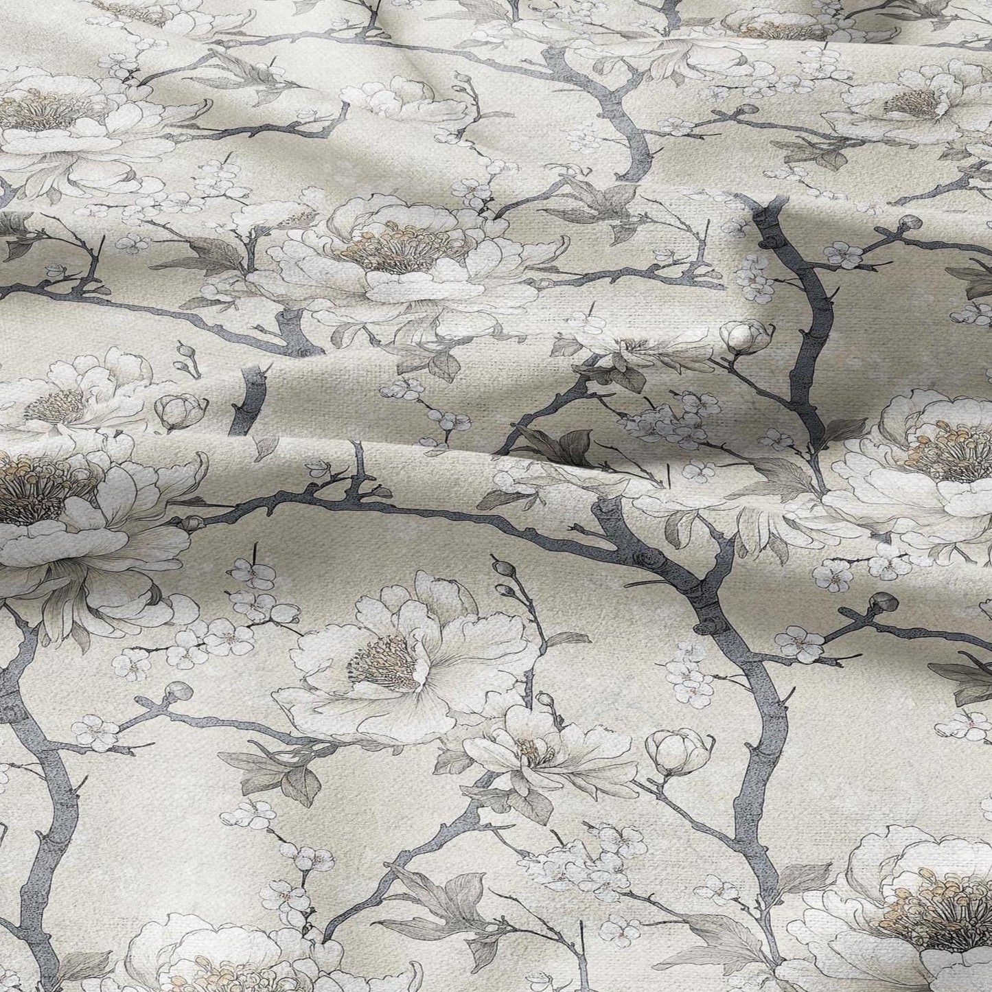 100% LINEN Fabric beige apple blossom print on white linen - floral botanical french linen fabric Provence - linen floral upholstery 2594