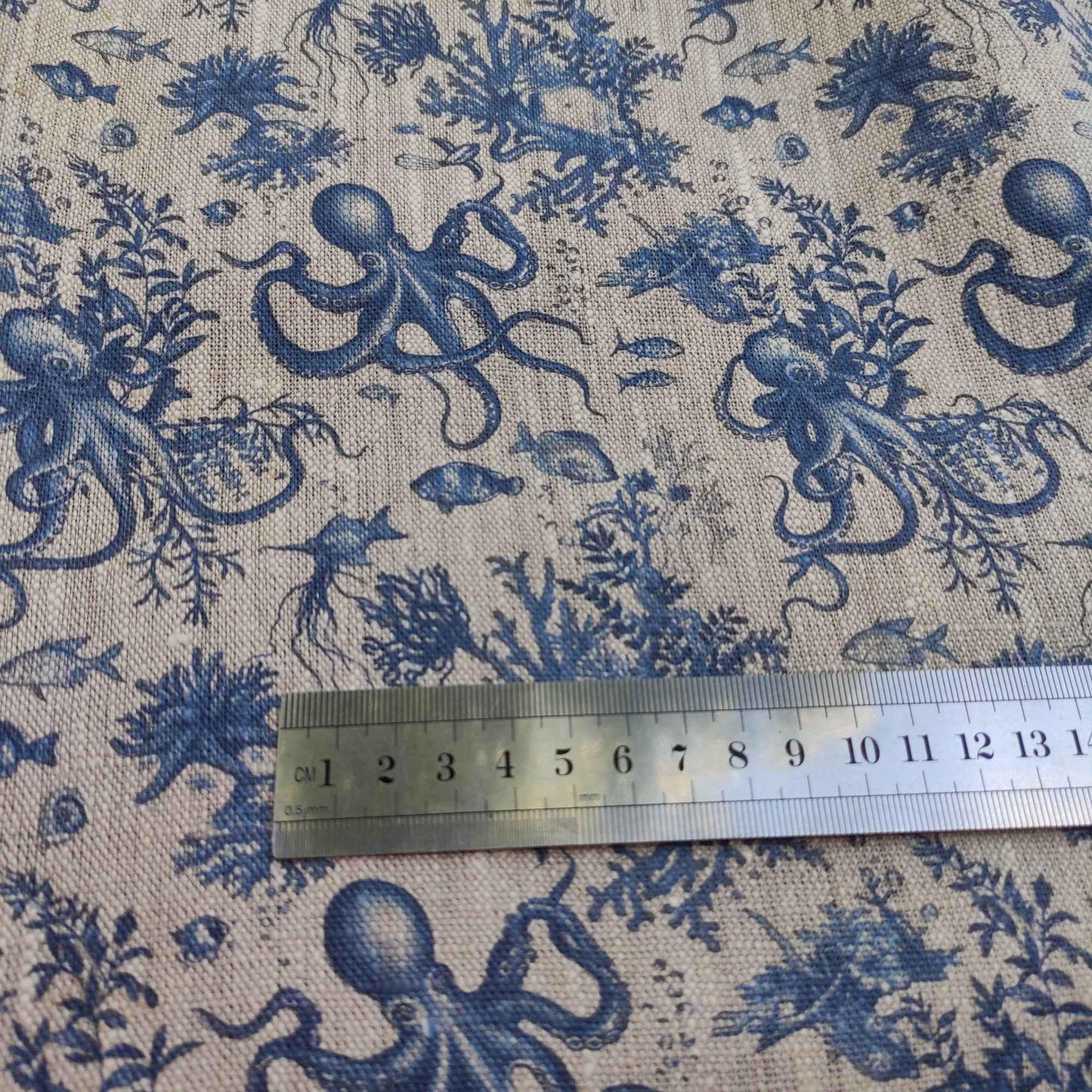 100% LINEN Fabric toile de jouy OCTOPUS Nautical print, oatmeal natur linen fabric with blue coastal print for upholstery home decor