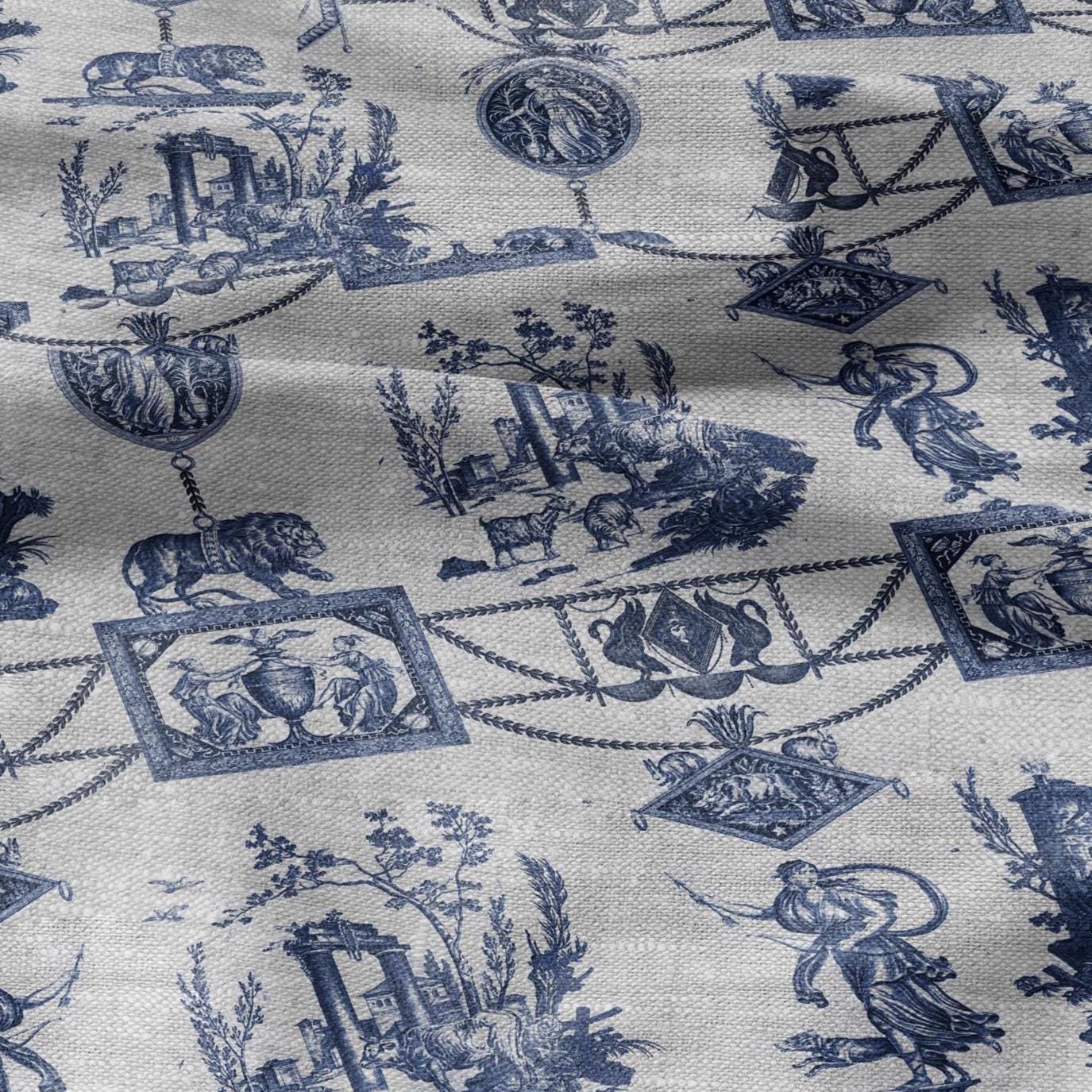 100% LINEN Fabric french blue print oatmeal - Goddess Diana with Lion - toile de jouy - Diane chasseresse by Jean-Baptiste Huet 3413