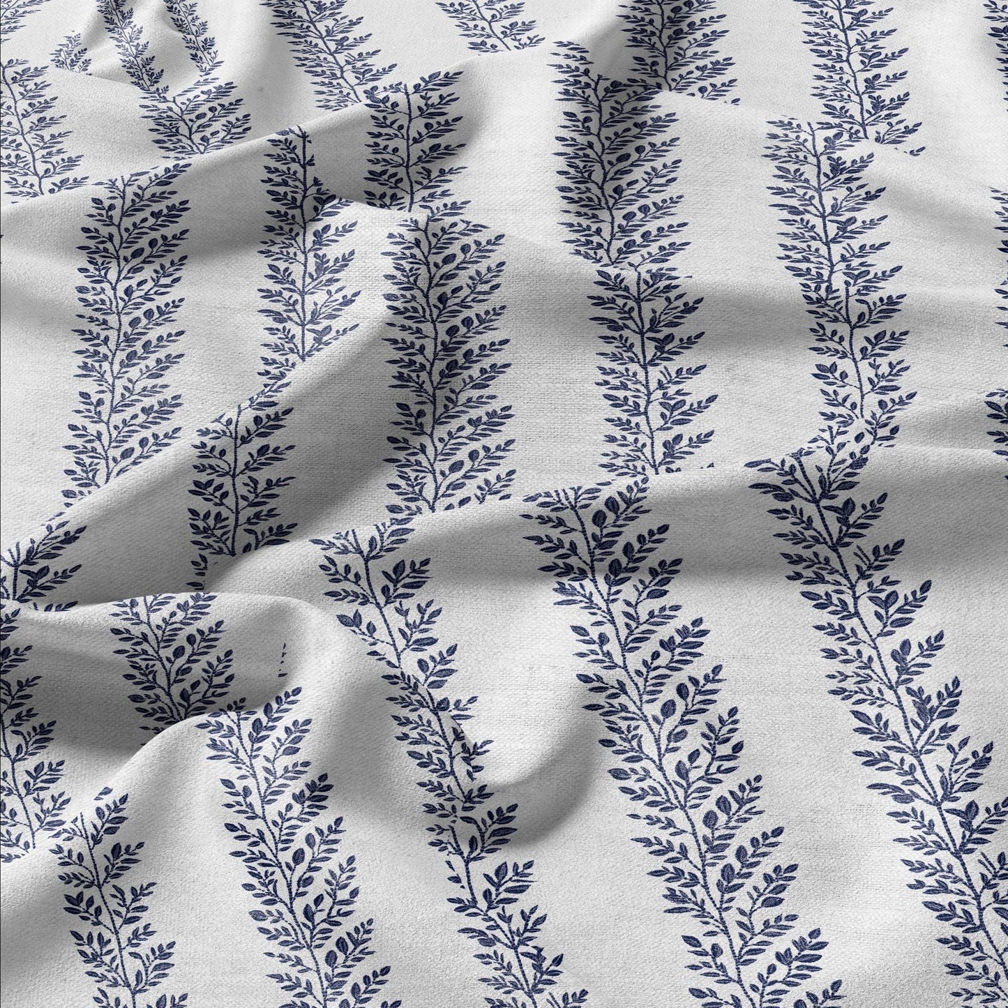 100% LINEN Fabric french blue floral stripe print on white linen - tree leaves on flax fabric for uphlstery heavy / medium for clothing 2580