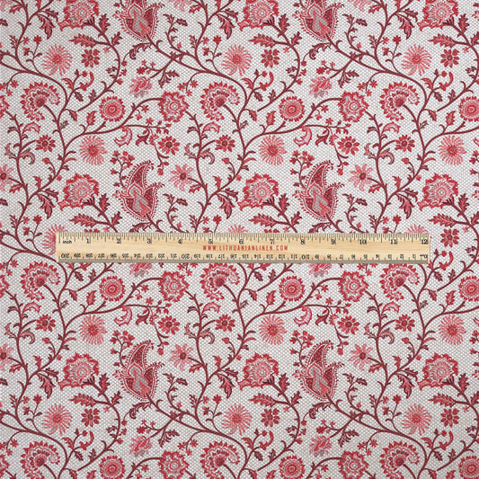 100% LINEN Fabric UPHOLSTERY 12oz - red paisley block print - oatmeal linen fabric with floral print - Modern Vintage upholstery 314