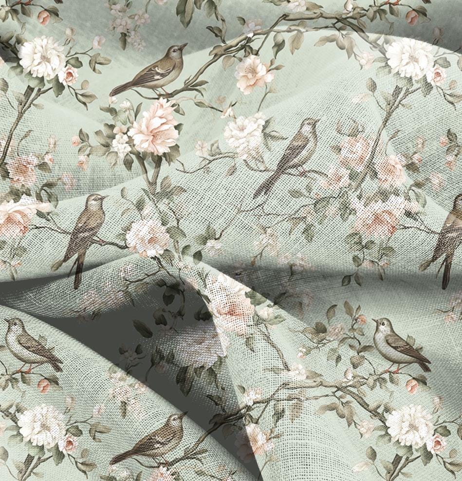 100% LINEN Fabric floral with birds print, heavy linen fabric with pale green print for upholstery home decor curtains pillowcases