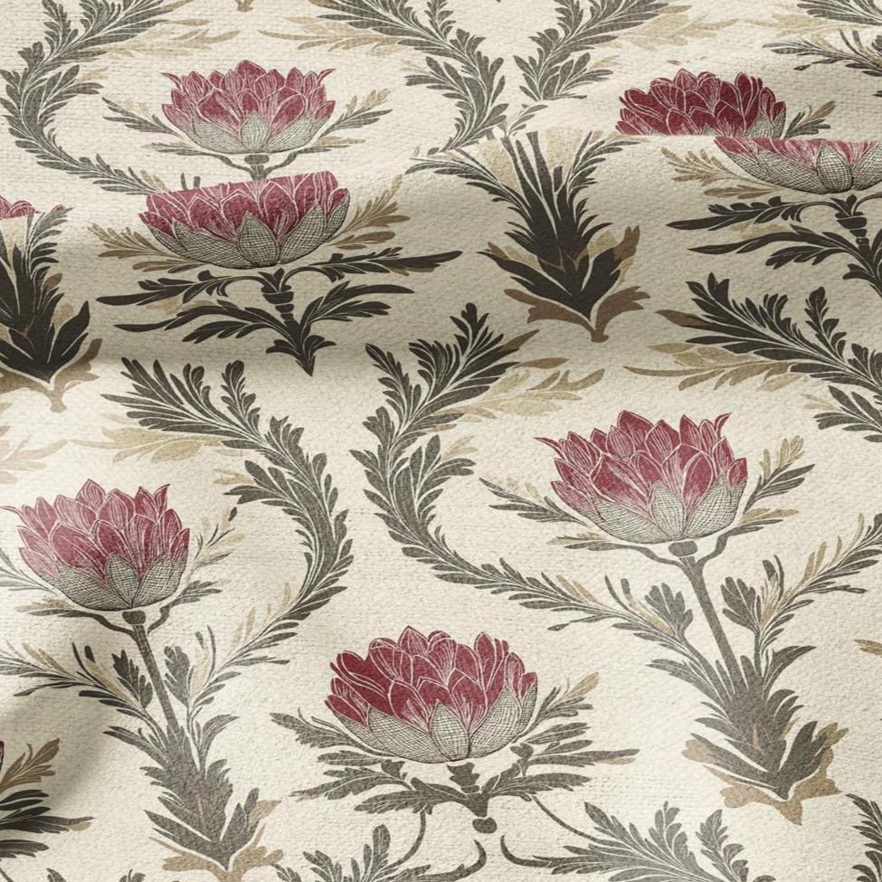 100% LINEN Fabric block print - , oatmeal natur linen fabric with blue floral print, heavy linen fabric for upholstery home decor 2014