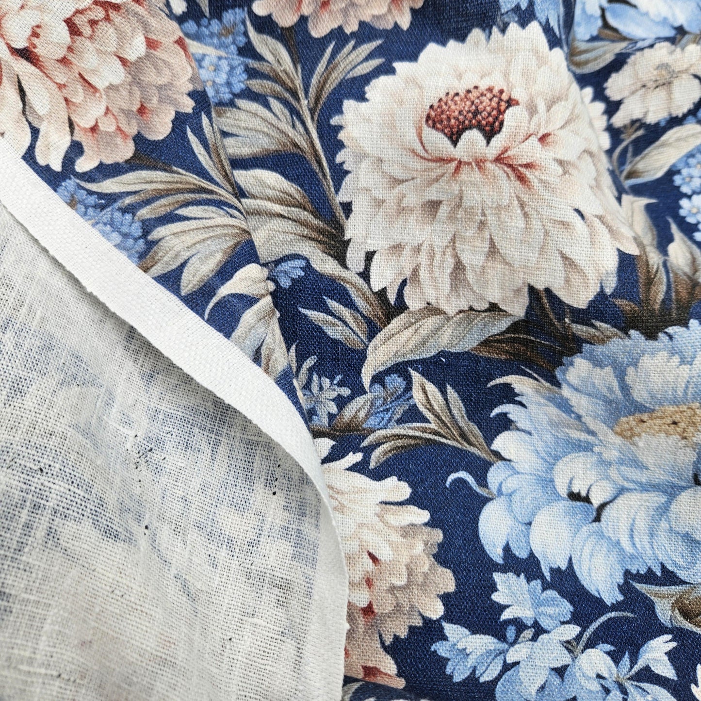 100% LINEN Fabric blue floral DAHLIAS, white blue botanical fabric with floral print, indian block print on linen linen 2578