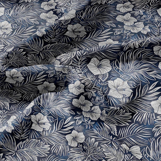 100% LINEN Fabric Tropical flower print - Indigo blue floral Modern vintage fabric - upholstery home decor sewing clothing 2360