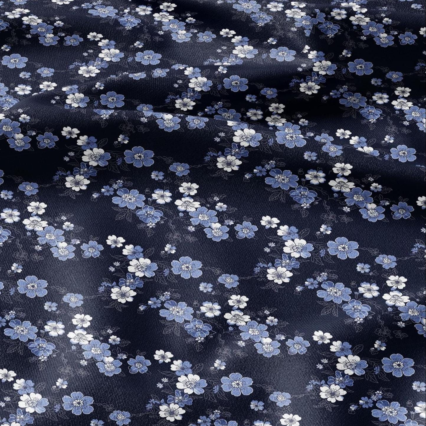100% LINEN Fabric Japanes blue floral print on white linen - indigo flower on flax fabric for uphlstery heavy / medium for clothing 2579