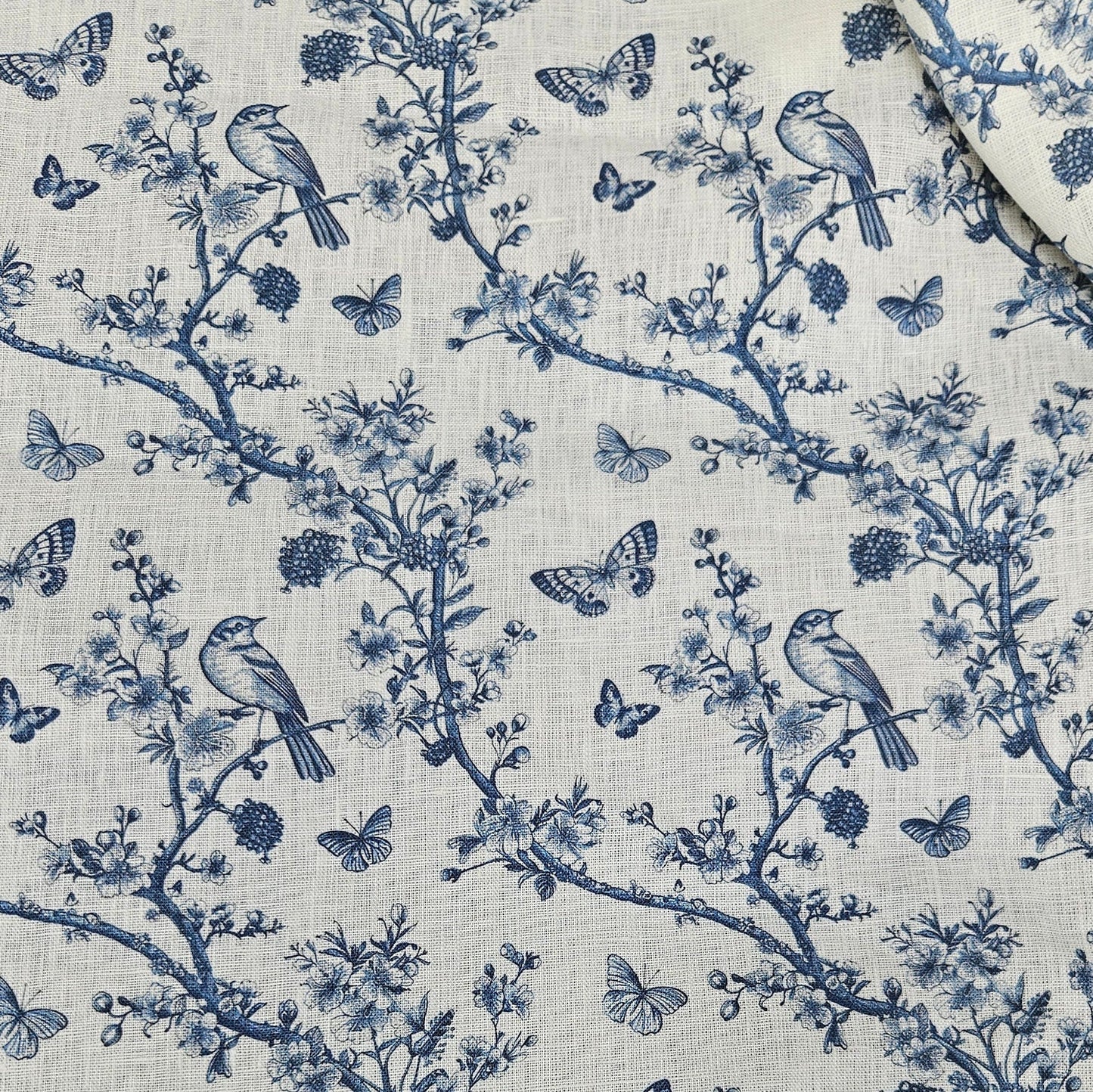 100% LINEN Fabric Toile de Jouy , white botanical fabric with blue indigo print, French linen floral Birds and butterflies