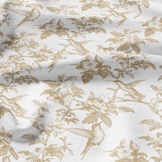 100% LINEN Fabric beige hummingbird print on white linen - floral botanical French Provence style - linen upholstery sewing dress 2040