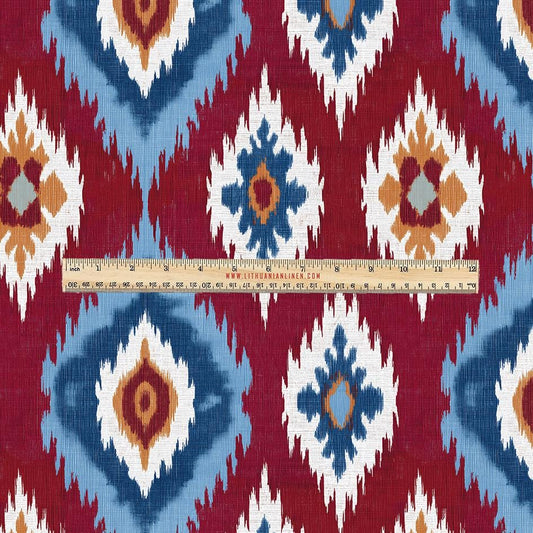 100% LINEN Fabric UPHOLSTERY 12oz - Red blue contrast checks ikat print on linen 2967