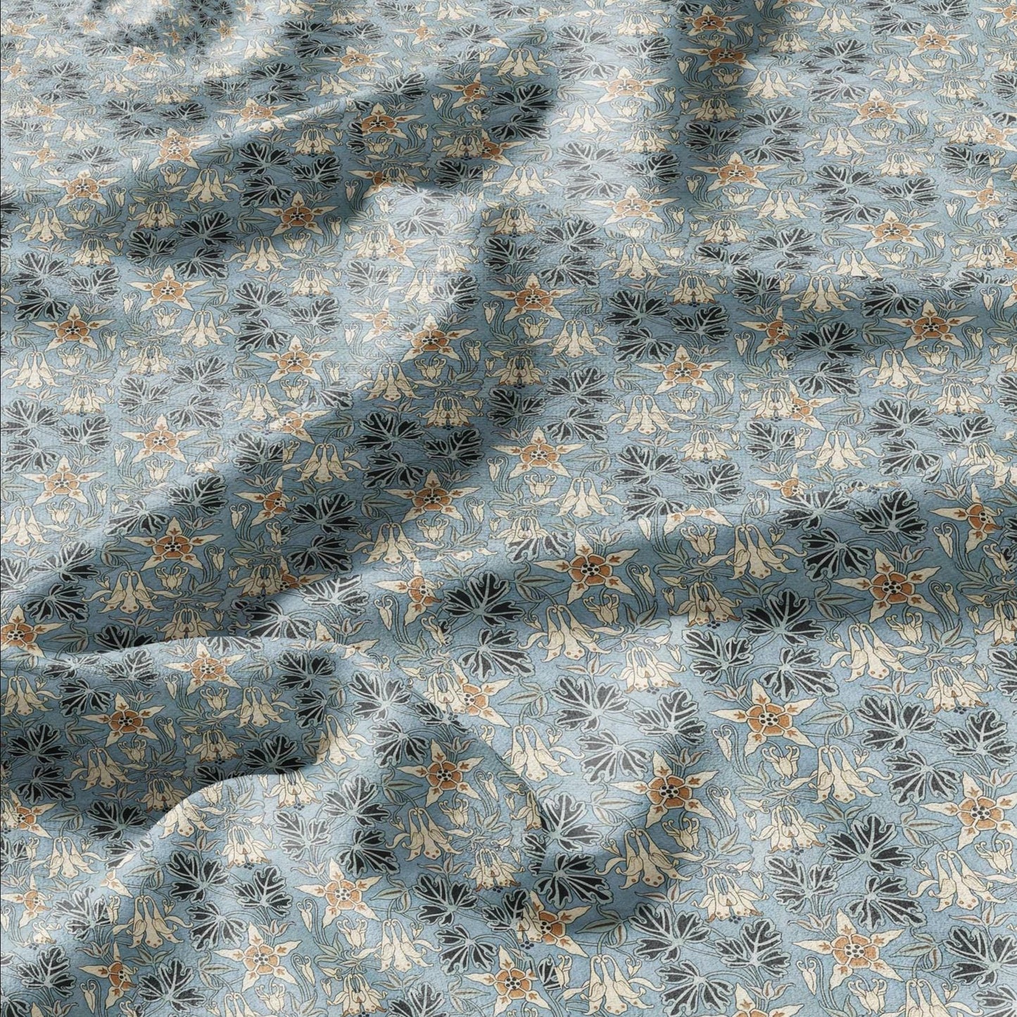 100% linen Columbine prints fabric for Curtain Upholstery Cushion - Art deco blue flower print fabric for dress making sewing