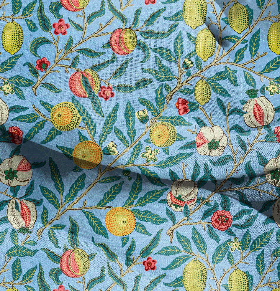 William morris Pomegranate print 100% LINEN fabric - blue floral 2434