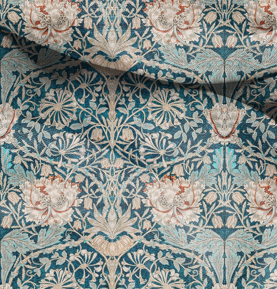 William Morris Honeysuckle print on 100% LINEN fabric - green blue floral 2103