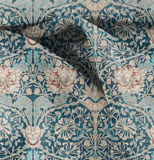 William Morris Honeysuckle print on 100% LINEN fabric - green blue floral 2103
