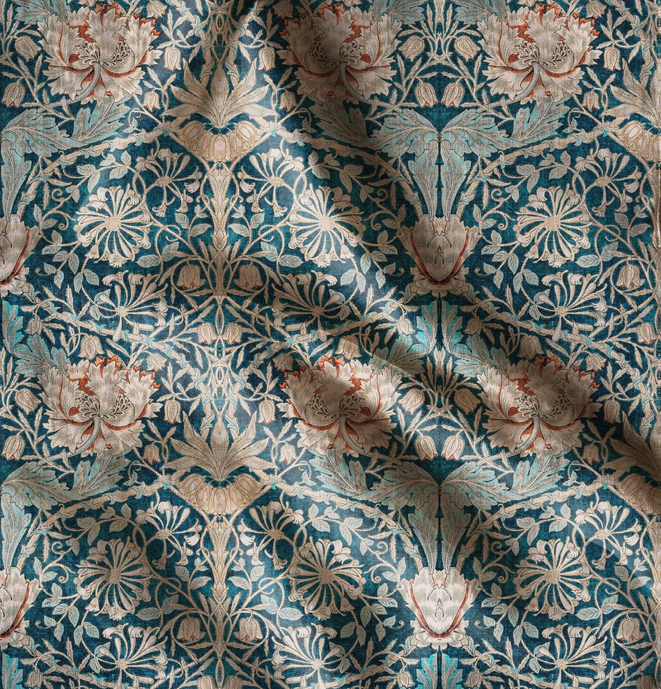 William Morris Honeysuckle print on 100% LINEN fabric - green blue floral 2103