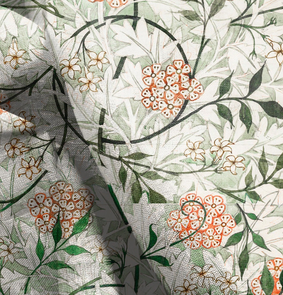 William Morris Jasmine print on 100% LINEN fabric - beige green floral 2561