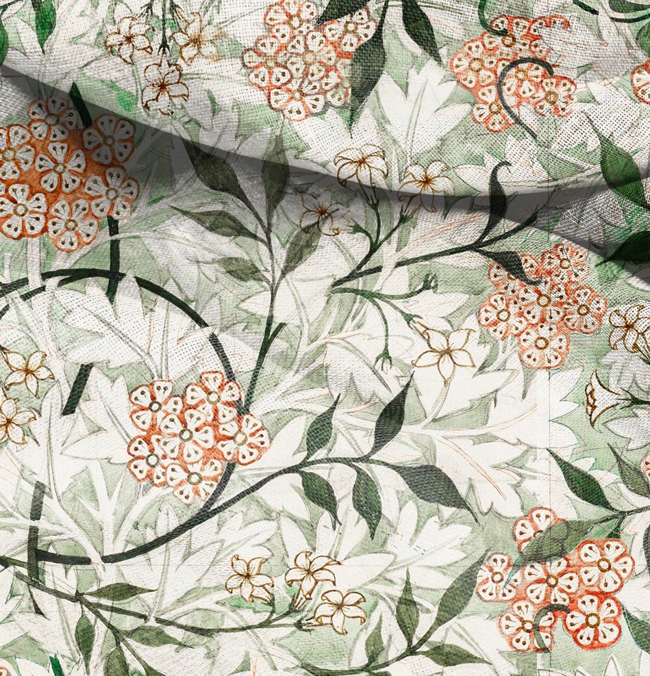William Morris Jasmine print on 100% LINEN fabric - beige green floral 2561