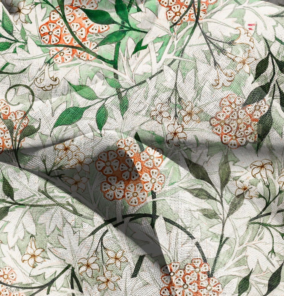 William Morris Jasmine print on 100% LINEN fabric - beige green floral 2561