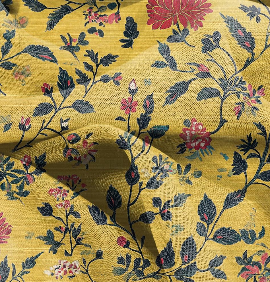 100% LINEN Fabric floral mustard yellow print 2563