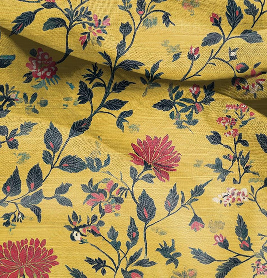 100% LINEN Fabric floral mustard yellow print 2563