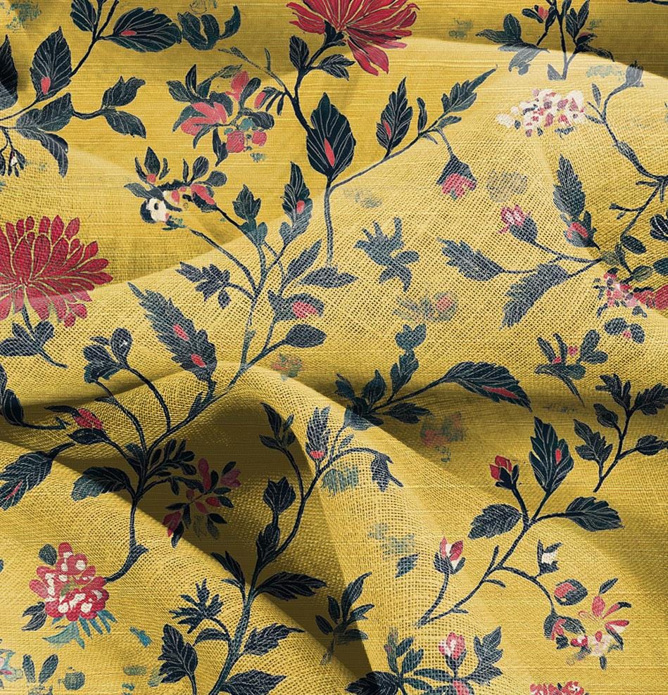 100% LINEN Fabric floral mustard yellow print 2563