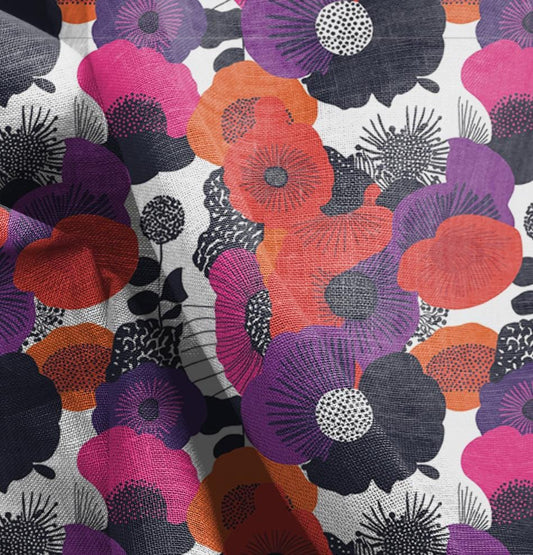 100% LINEN Fabric - finnish Kalevala red purple floral print 2317