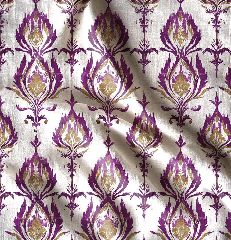 100% LINEN Fabric Abstract Ikat print in purple 2333