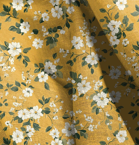 100% LINEN Fabric Mustard floral print - romantic wildflowers 2522