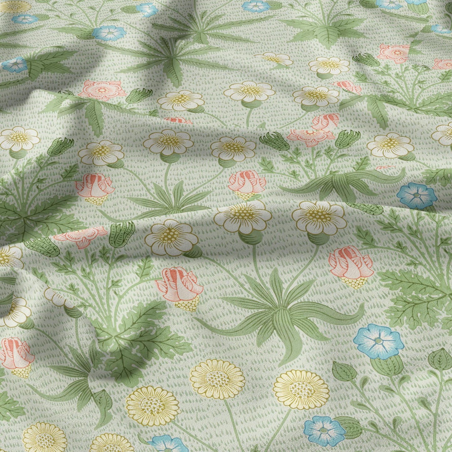 William Morris Daisy print 100% LINEN Fabric - green floral 2119