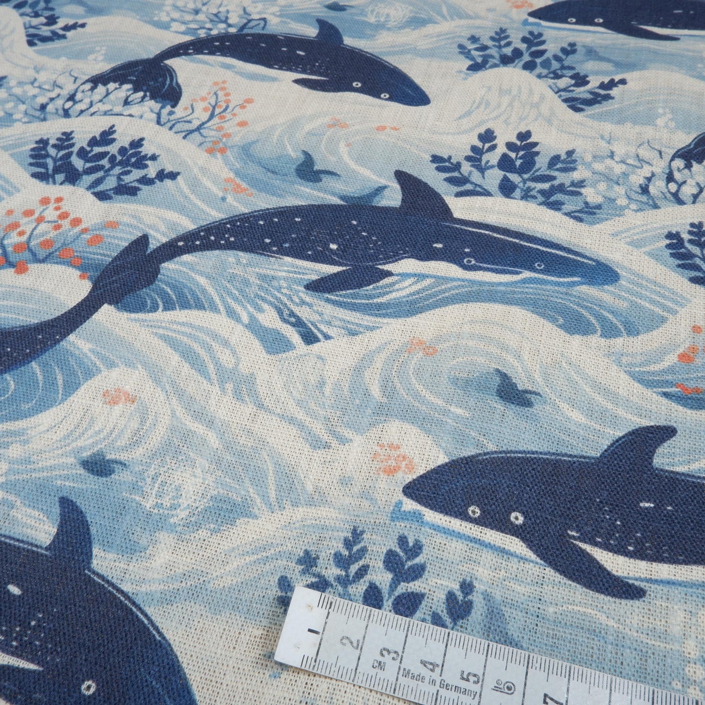 100% LINEN fabric Nautical print blue WHALE - 2012