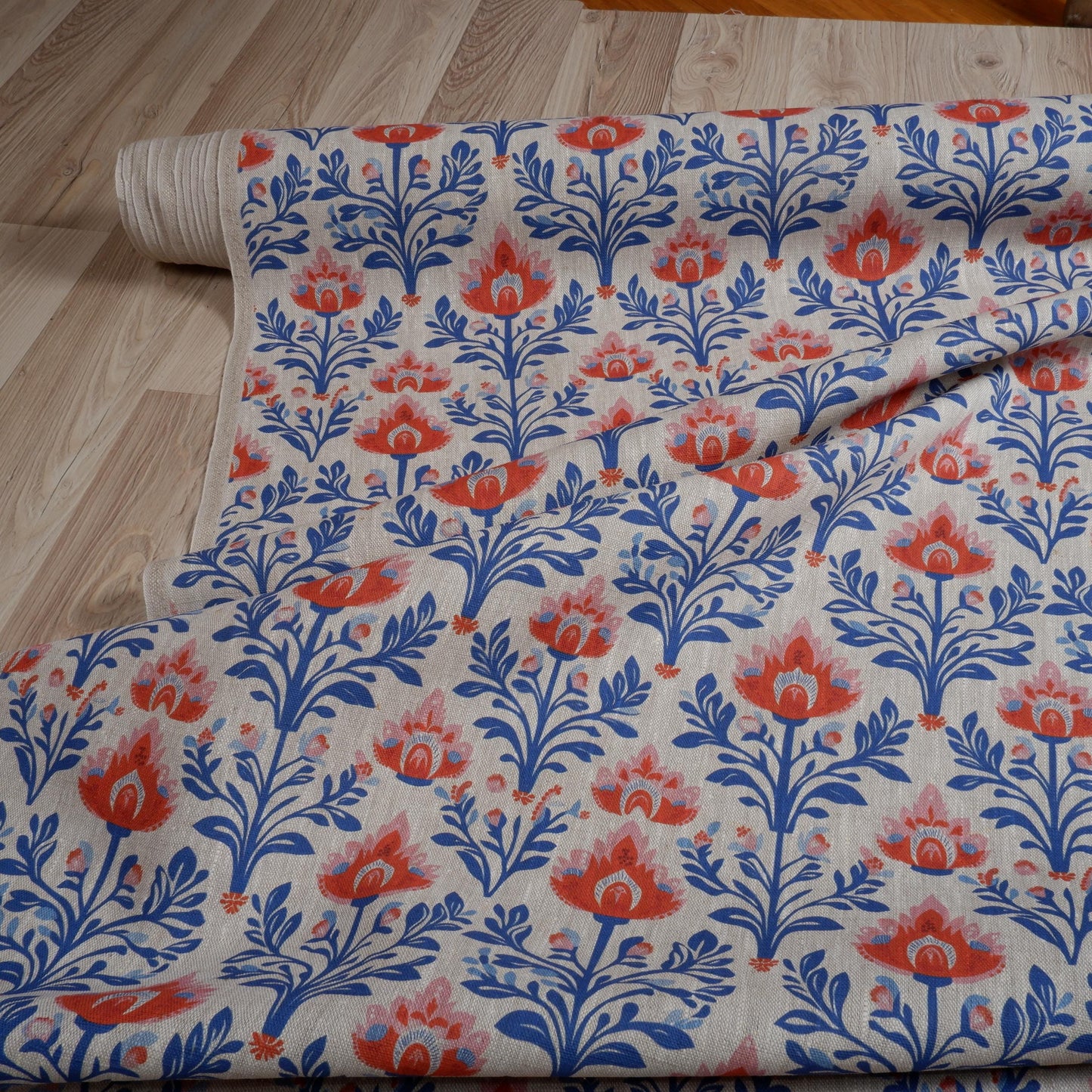 100% LINEN Fabric - block blue red floral Folklore print on oatmeal linen 2007