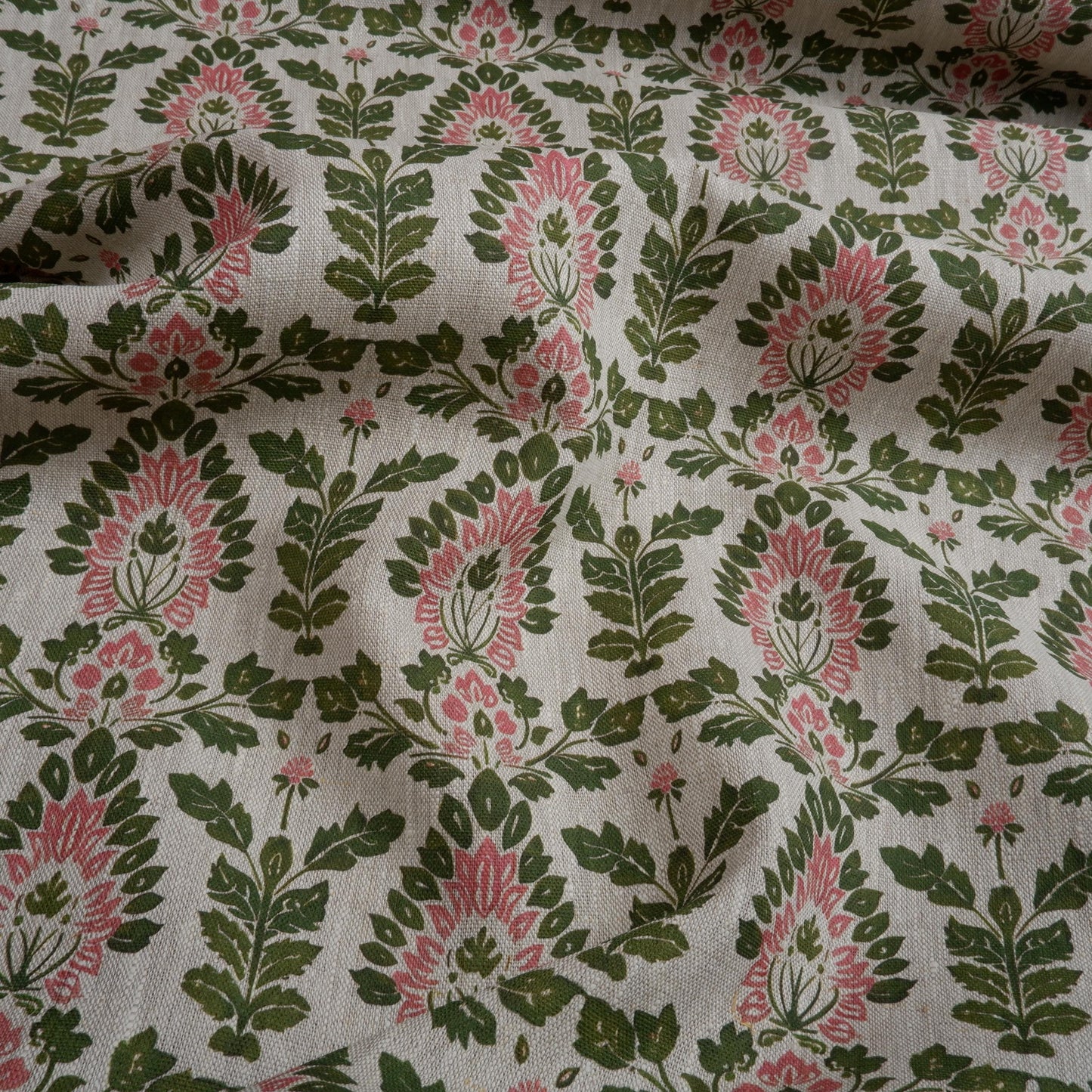 100% LINEN Fabric block print floral pink green on oatmeal 2008