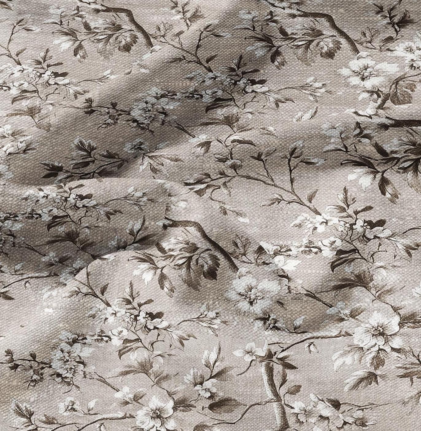 100% LINEN Fabric Toile de Jouy in beige brown floral print - 2067